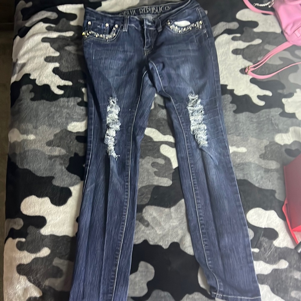 Blue republic ripped jeans with Diamond embroidery